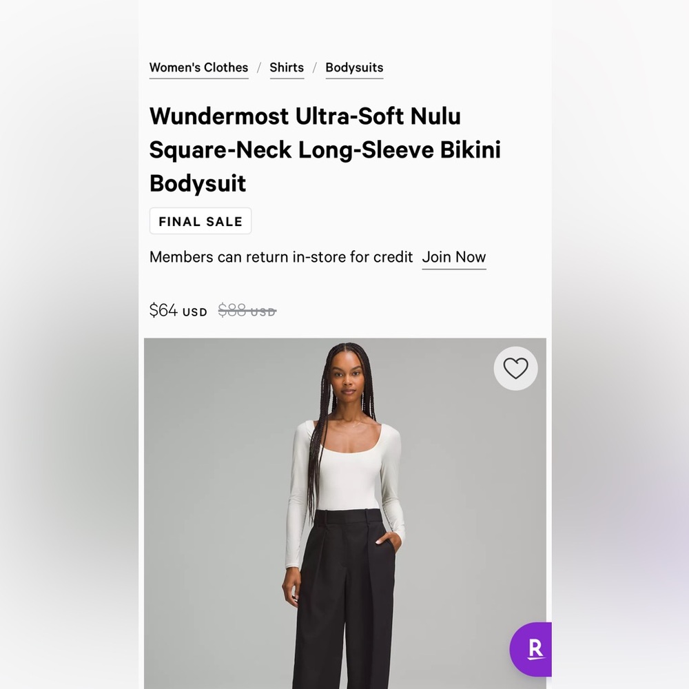Lulu square neck bodysuit NWOT